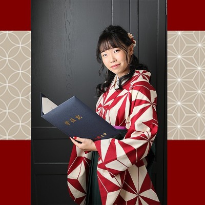 【静岡　式典袴】麻の葉柄の着物で卒業式の後撮りをしました！