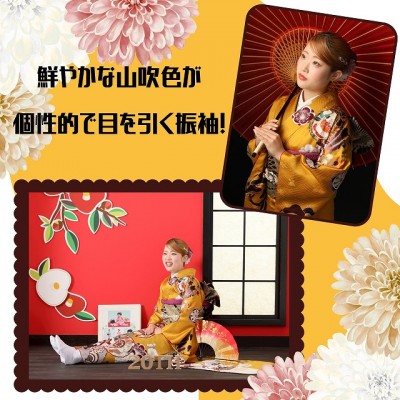 【成人】鮮やかな山吹色が個性的で目を引く振袖！【葵区】